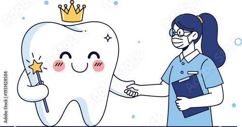 Cute tooth character with crown shaking hands with dentist dental care clinic vector illustration concept