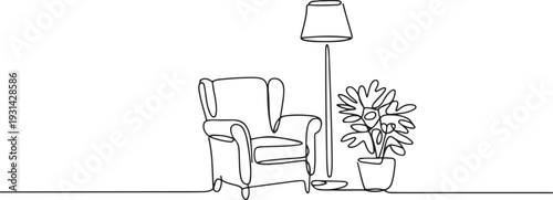 Continuous one line drawing of armchair, floor lamp and house plant. Armchair, flloor lamp and potted plant single outline vector illustration. one line art icon drawing vector