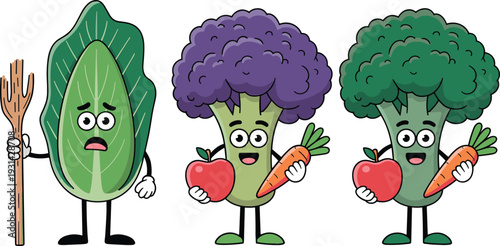 Three cartoon vegetables with fruits and carrots broccoli
