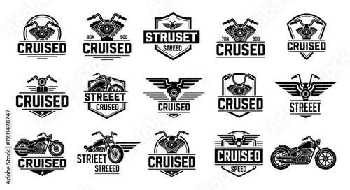 Motorcycle emblems and logos with text.