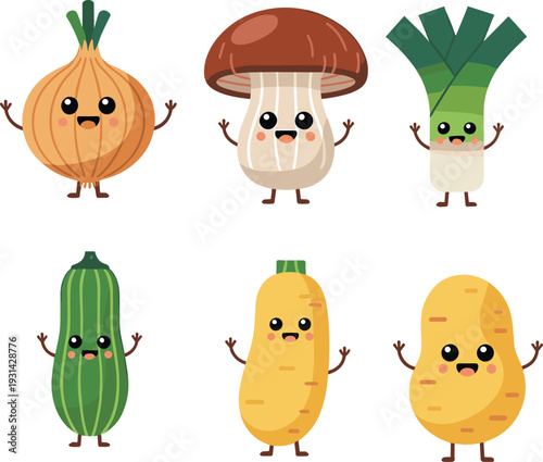 Colorful anthropomorphic vegetables and mushrooms with happy faces