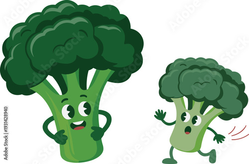Two cartoon green broccoli characters with expressive faces and arms