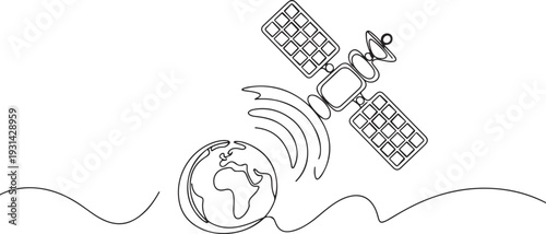 Continuous one line drawing of Outer Space Satellite. satellite communications from earth orbit in simple outline illustration. one line art icon drawing vector
