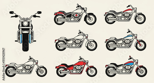 Collection of Classic Motorcycle Illustrations in Various Styles.