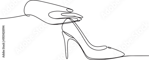 Continuous one line drawing of hand holding elegant highheels shoes. one line art icon drawing vector