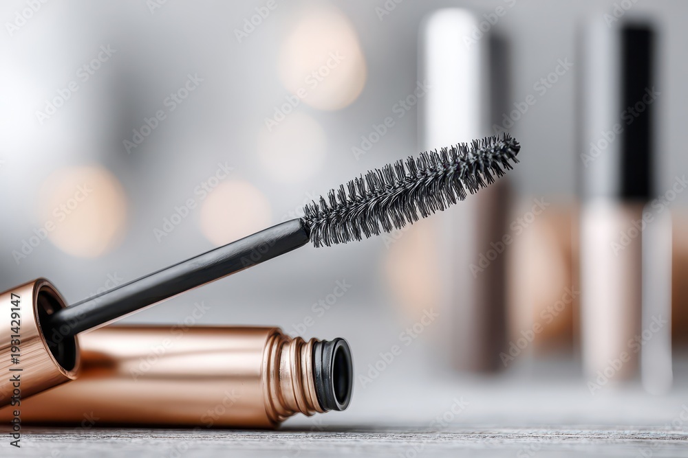 Naklejka premium A close-up studio shot of an elegant mascara brush with a golden tube and a blurred background, showcasing beauty and make-up products for cosmetic enhancement.