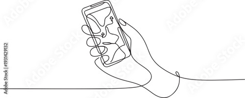 Continuous line design of hand holding mobile phone to search travel route. one line art icon drawing vector