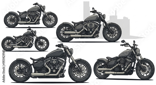 Collection of Custom Chopper Motorcycles in Black and White.