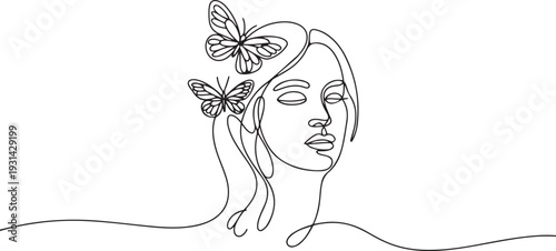 Face with butterflies Line drawing art. Woman Line Art. Butterfly Woman face Vector. Minimalist female Portrait. Beauty salon Logo. one line art icon drawing vector