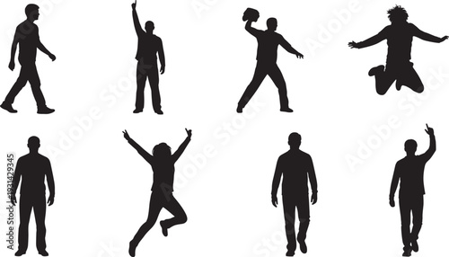 "Set of seven dynamic human silhouettes in black, depicting various poses and gestures, ideal for design, animation, gesture recognition, and creative visual projects"