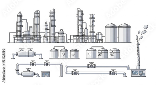 Industrial plant with pipes and storage tanks illustration.
