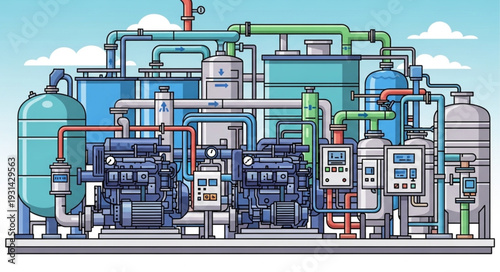 Industrial water treatment plant with complex machinery and pipes.