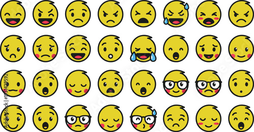Set of funny yellow emoji faces with different expressions on gray grid background