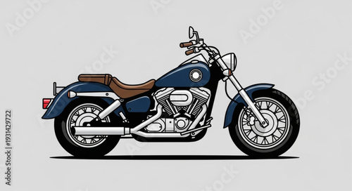 Classic Blue Cruiser Motorcycle Side View Illustration.