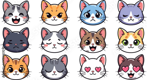 Collection of colorful cartoon kitten heads with different facial expressions