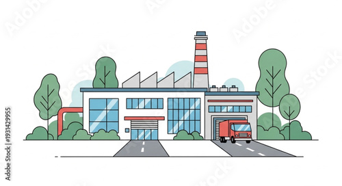Modern Factory Building with Chimney.