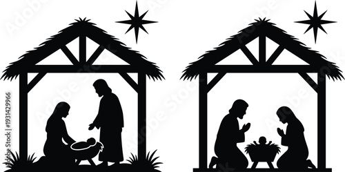 Two black and white nativity scenes with stars above each stable