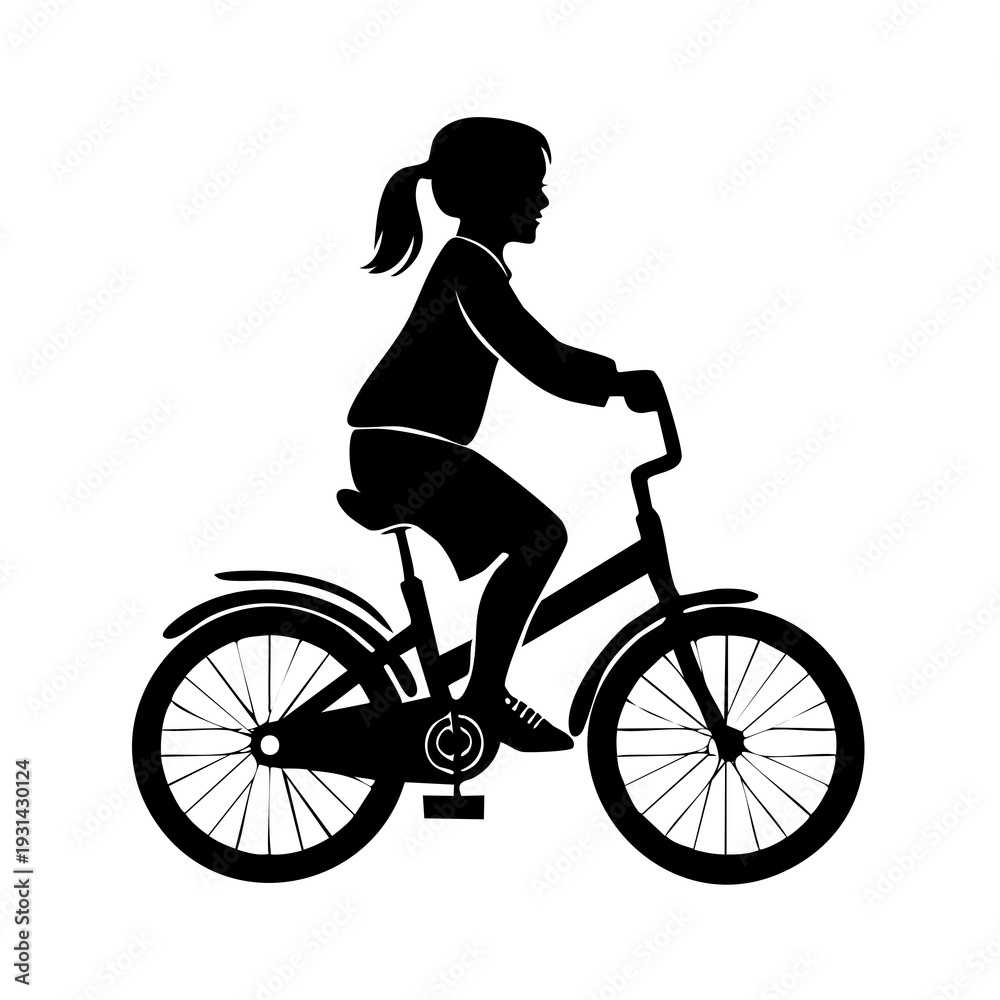 Fototapeta premium Young girl riding a bicycle in profile view, showcasing cycling activity