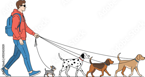 Man walking multiple dogs on leash pet care and dog walker lifestyle vector illustration concept