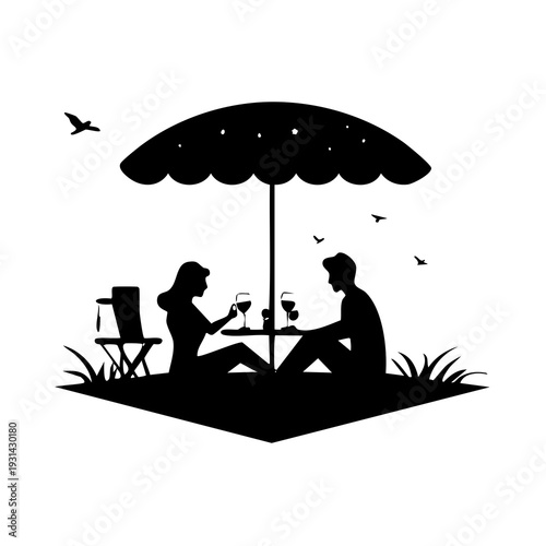 Couple enjoying a serene picnic under a decorative umbrella in a lush green outdoor setting