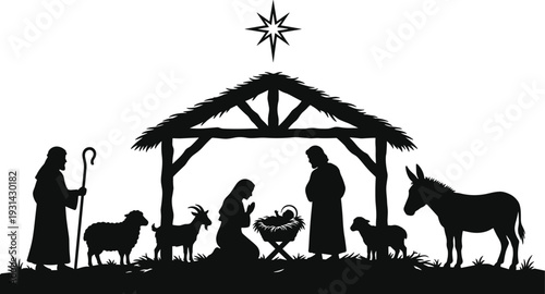 Silhouette of nativity scene with star above and animals manger