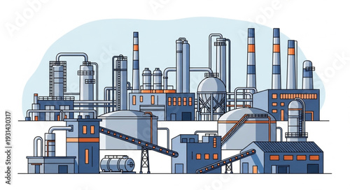 Industrial factory complex with multiple buildings and chimneys.