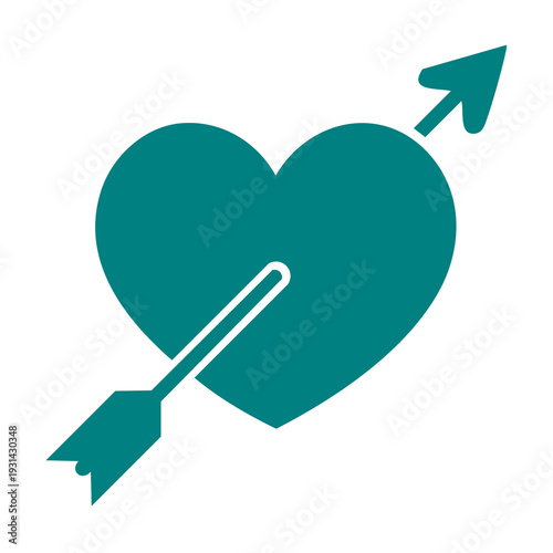 A teal heart pierced by an arrow, symbolizing love and passion, in a simple graphic illustration