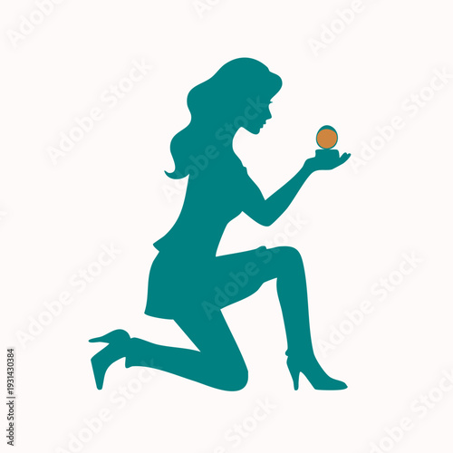 Woman kneeling on one knee holding a ring in her hand in a proposal gesture