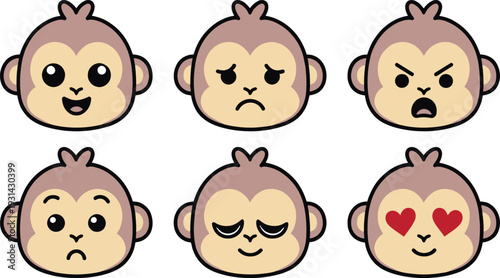 Expressive monkey emoticons set cheerful angry sad love sleepy icons