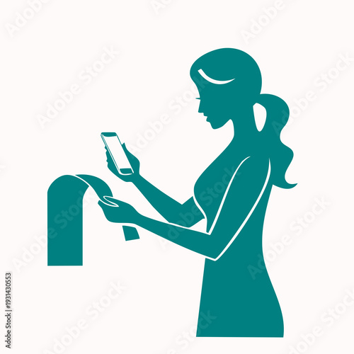 Woman using mobile device near ATM machine in urban setting
