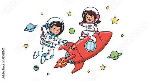 Two astronauts in space suits flying a red rocket ship through the cosmos with stars and planets around them