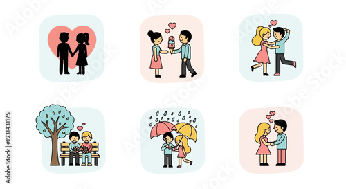 Couple embracing under umbrella together on rainy day with love illustration set