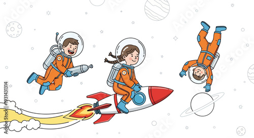 Astronauts riding a rocket through space with stars and planets around them illustration