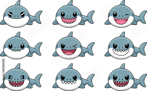 Twelve cartoon sharks with various facial expressions in blue and white