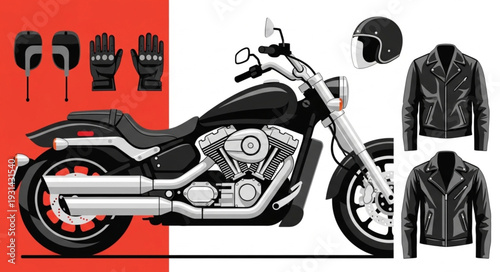 Black motorcycle with leather jacket gloves and helmet accessories.