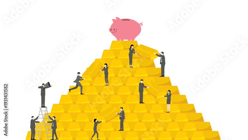 Business Leader Guiding Team to Build Gold Wealth Pyramid Driving Financial Strategy Growth Vision and Investment Success Concept