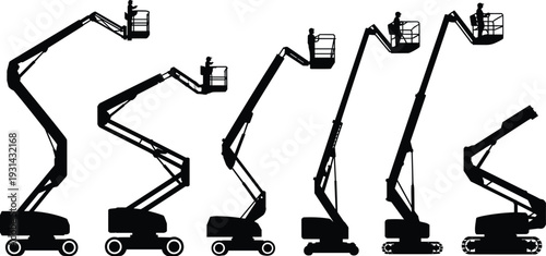 Articulating boom lift silhouettes, cherry picker aerial platforms with workers, hydraulic elevated access equipment, construction boom lifts various angles, black vector set, industrial machinery