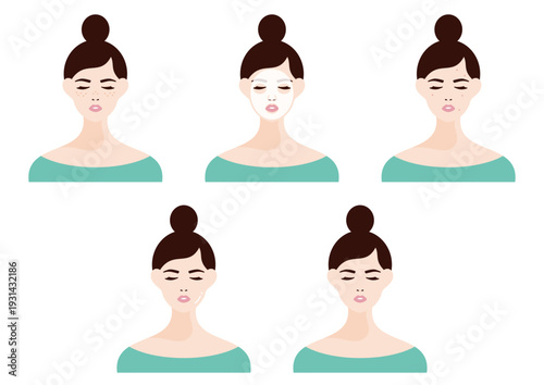 スキンケアする女性のイラストセット素材