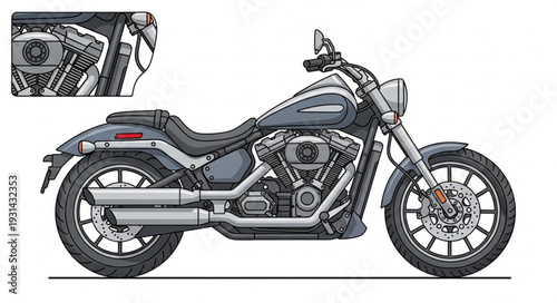 Detailed illustration of a modern cruiser motorcycle side view.