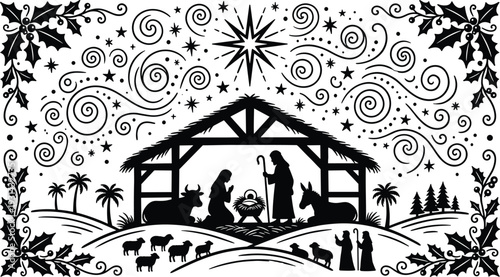 Black and white nativity scene with stars and swirls christmas