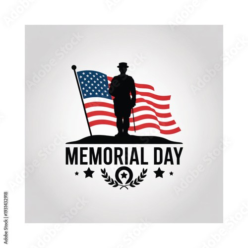 Silhouette of soldier with american flag and memorial day text design