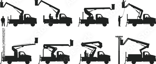 Boom lift truck silhouettes, cherry picker aerial work platforms, bucket truck icons, construction equipment with hydraulic arms and workers in baskets, vector set