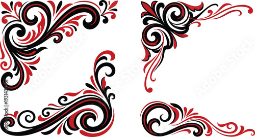 Four ornate corner with red and black swirls and flourishes