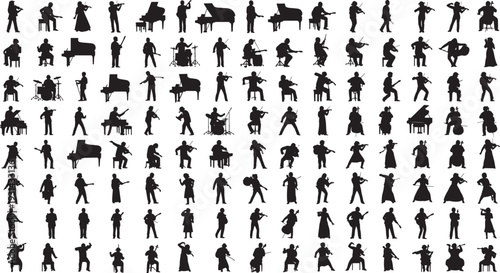 Grid of forty human silhouettes in diverse standing poses and gestures, including crossed arms, pointing, raised hands, and relaxed stances for design, animation, and posture studies.
