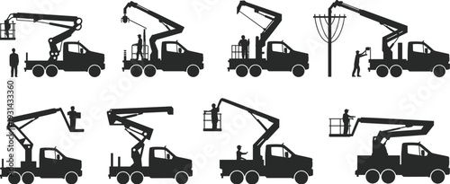 Bucket truck silhouettes with utility workers performing aerial lift maintenance, power line repairs, electrical service, and industrial cherry picker operations.