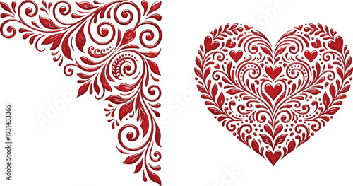 Red floral heart and corner with intricate patterns white