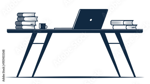 Modern study table with laptop books and coffee cup in minimalist office setting with white background