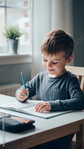 Young Boy Concentrating While Doing Homework at a Desk With Pencils and Notebook