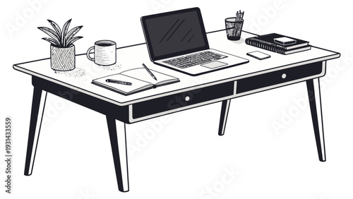 Simple office table setup with laptop stationery and plant on white background for workspace organization