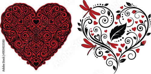 Two heart with intricate red and black floral patterns and hearts